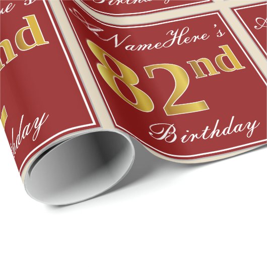 エレガント赤、フェイク金ゴールド82番目の誕生日、名前をカスタムする ラッピングペーパー (ロールコーナー)