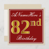 エレガント赤、フェイク金ゴールド82番目の誕生日、名前をカスタムする 招待状 (正面/裏面)