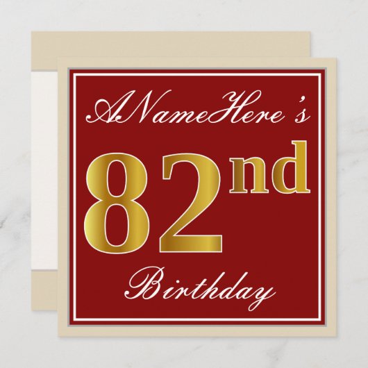 エレガント赤、フェイク金ゴールド82番目の誕生日、名前をカスタムする 招待状 (正面/裏面)