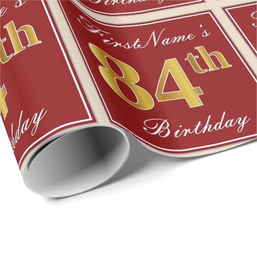 エレガント赤、フェイク金ゴールド84番目の誕生日、名前をカスタムする ラッピングペーパー (ロールコーナー)