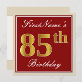 エレガント赤、フェイク金ゴールド85誕生日、名前をカスタムする 招待状 (正面/裏面)
