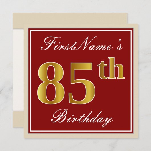 エレガント赤、フェイク金ゴールド85誕生日、名前をカスタムする 招待状 (正面/裏面)
