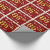 エレガント赤、フェイク金ゴールド86番目の誕生日、名前をカスタムする ラッピングペーパー (角)
