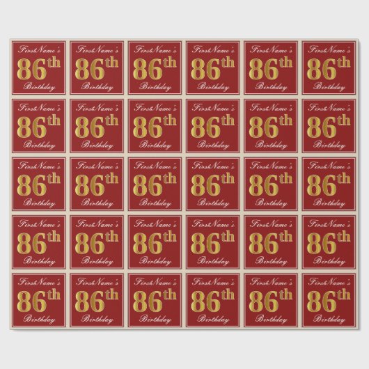 エレガント赤、フェイク金ゴールド86番目の誕生日、名前をカスタムする ラッピングペーパー (フラット)