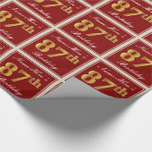 エレガント赤、フェイク金ゴールド87番目の誕生日、名前をカスタムする ラッピングペーパー (角)