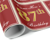 エレガント赤、フェイク金ゴールド87番目の誕生日、名前をカスタムする ラッピングペーパー (ロールコーナー)
