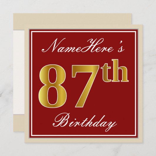エレガント赤、フェイク金ゴールド87番目の誕生日、名前をカスタムする 招待状 (正面/裏面)