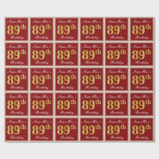 エレガント赤、フェイク金ゴールド89誕生日、名前をカスタムする ラッピングペーパー (フラット)