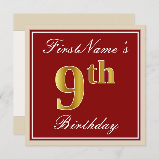 エレガント赤、フェイク金ゴールド9番誕生日+名前をカスタムする 招待状 (正面/裏面)