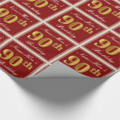 エレガント赤、フェイク金ゴールド90誕生日、名前をカスタムする ラッピングペーパー (角)