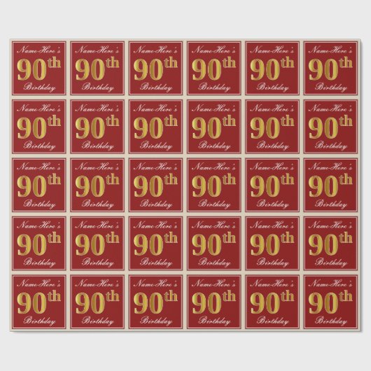 エレガント赤、フェイク金ゴールド90誕生日、名前をカスタムする ラッピングペーパー (フラット)