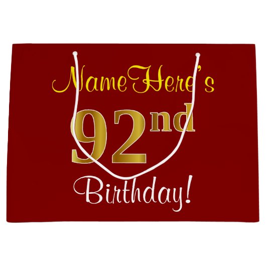 エレガント赤、フェイク金ゴールド92番目の誕生日、名前をカスタムする ラージペーパーバッグ (正面)