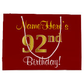 エレガント赤、フェイク金ゴールド92番目の誕生日、名前をカスタムする ラージペーパーバッグ (裏面)