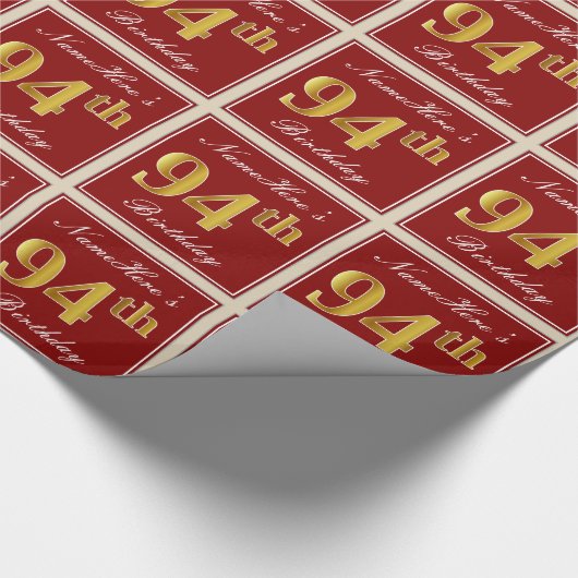 エレガント赤、フェイク金ゴールド94誕生日、名前をカスタムする ラッピングペーパー (角)