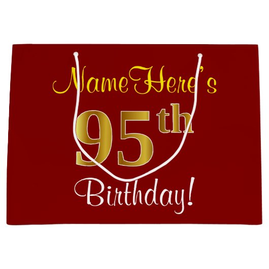 エレガント赤、フェイク金ゴールド95誕生日、名前をカスタムする ラージペーパーバッグ (正面)