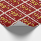 エレガント赤、フェイク金ゴールド99誕生日、名前をカスタムする ラッピングペーパー (角)