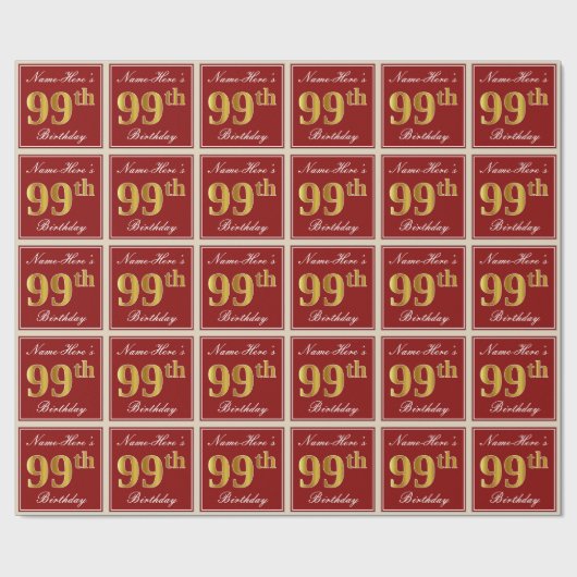 エレガント赤、フェイク金ゴールド99誕生日、名前をカスタムする ラッピングペーパー (フラット)