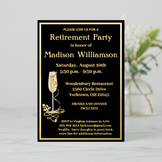 エレガント退職パーティー黒実在金ゴールド 箔招待状 (立ち正面)