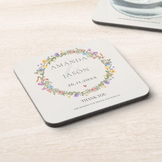 エレガント野の花紫色の黄色のフローラ結婚の コースター (左側)