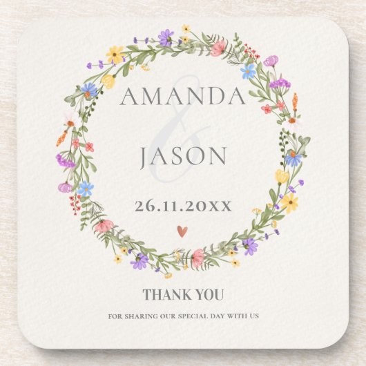 エレガント野の花紫色の黄色のフローラ結婚の コースター (正面)