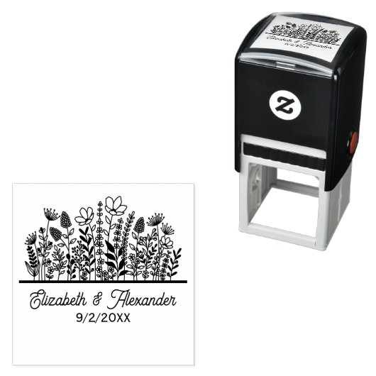 エレガント野の花結婚の夫婦名日付 セルフインキングスタンプ (インサイチュ)