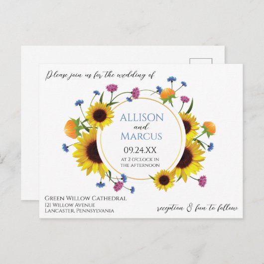 エレガント野花をテーマにした結婚式招待状 ポストカード (正面/裏面)