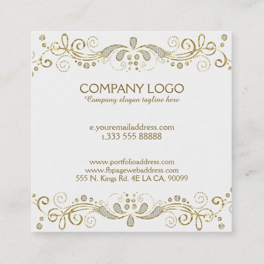 エレガント金ゴールドおよび白グリッターフローラ旋回フレーム スクエア名刺 (裏面)