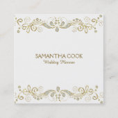 エレガント金ゴールドおよび白グリッターフローラ旋回フレーム スクエア名刺 (正面)