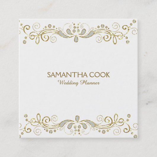 エレガント金ゴールドおよび白グリッターフローラ旋回フレーム スクエア名刺 (正面)