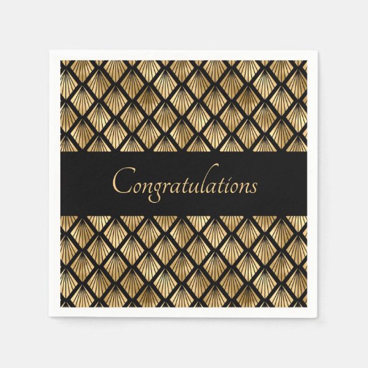 エレガント金ゴールドおよび黒アールデコのジオメトリックファン スタンダードカクテルナプキン (正面)