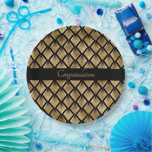 エレガント金ゴールドおよび黒アールデコのジオメトリックファン ペーパープレート (パーティー)