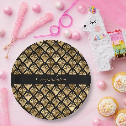 エレガント金ゴールドおよび黒アールデコのジオメトリックファン ペーパープレート (パーティー)