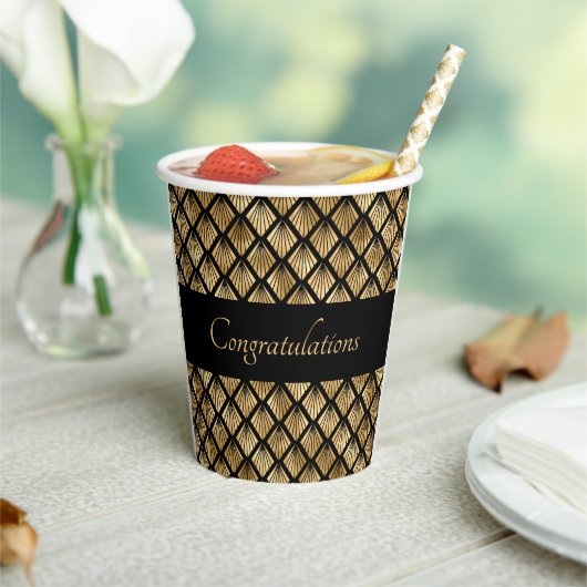 エレガント金ゴールドおよび黒アールデコのジオメトリックファン 紙コップ (インサイチュ)