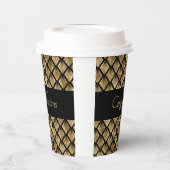エレガント金ゴールドおよび黒アールデコのジオメトリックファン 紙コップ (左)
