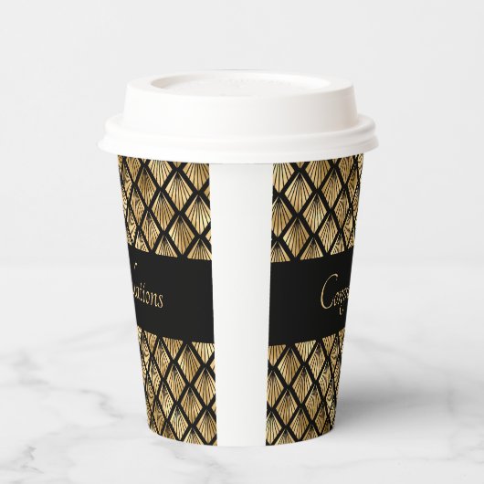 エレガント金ゴールドおよび黒アールデコのジオメトリックファン 紙コップ (左)
