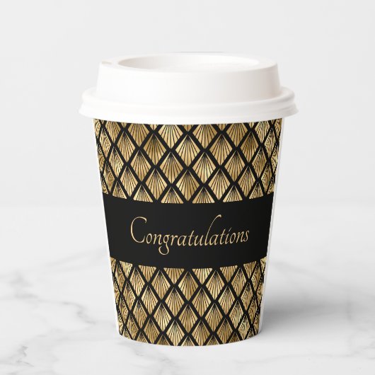 エレガント金ゴールドおよび黒アールデコのジオメトリックファン 紙コップ (裏面)