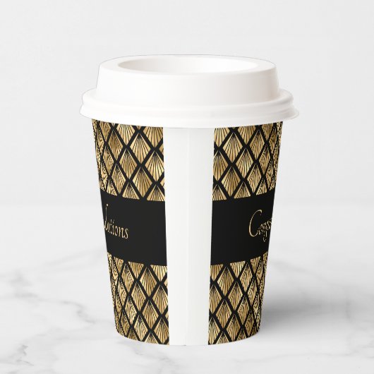 エレガント金ゴールドおよび黒アールデコのジオメトリックファン 紙コップ (右)