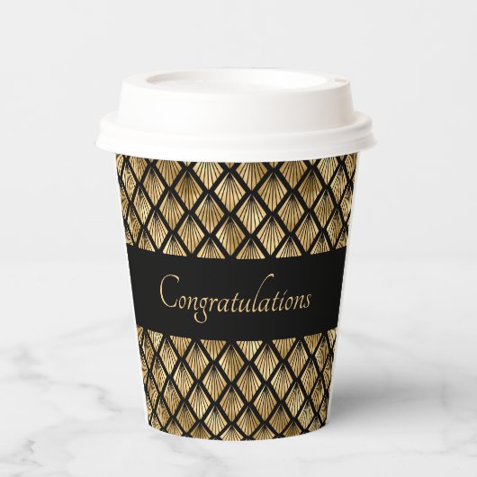 エレガント金ゴールドおよび黒アールデコのジオメトリックファン 紙コップ (正面)