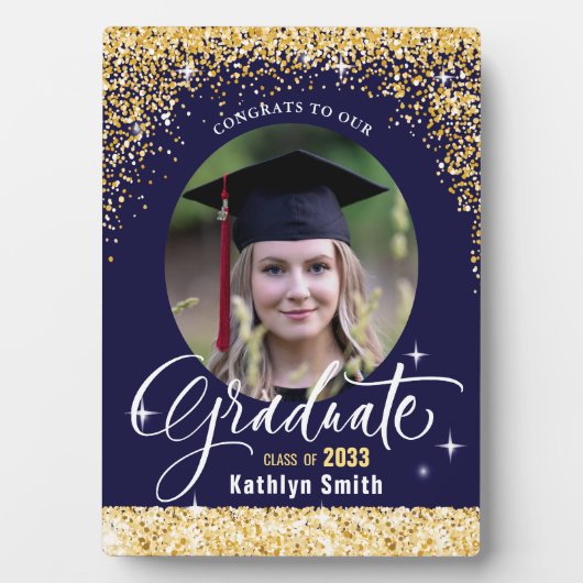 エレガント金ゴールドきらめくグリッター卒業写真 フォトプラーク (正面)