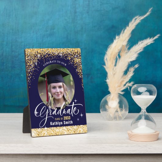 エレガント金ゴールドきらめくグリッター卒業写真 フォトプラーク (側面)