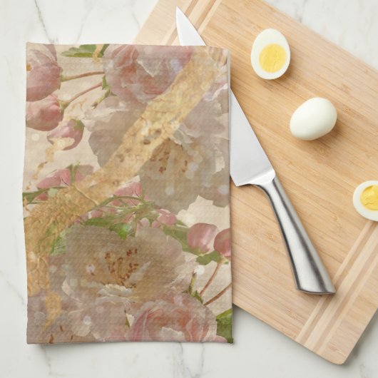 エレガント金ゴールドきらめくフローラの分離 キッチンタオル (四つ折り)