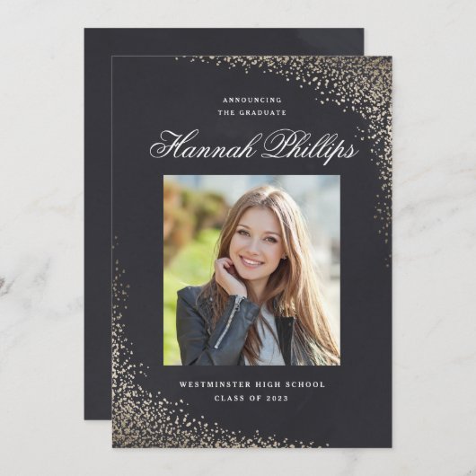 エレガント金ゴールドきらめく写真卒業会 招待状 (正面/裏面)