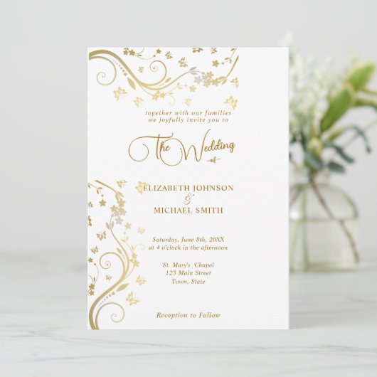 エレガント金ゴールドつる植物蝶結婚の 招待状 (スタンド正面)