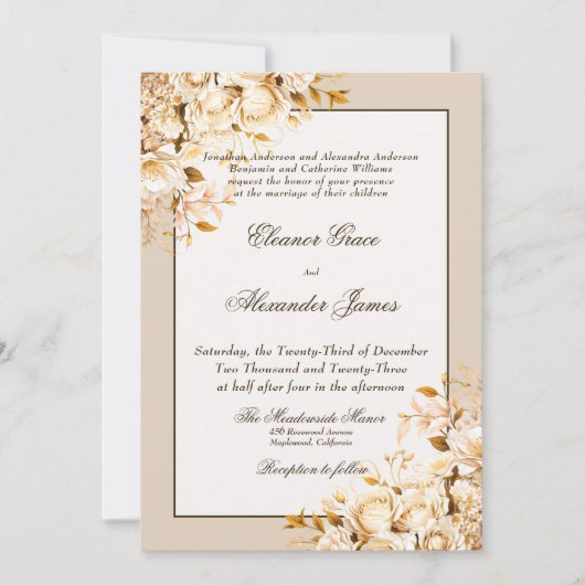 エレガント金ゴールドとアイボリーのフローラフォーマル結婚の 招待状 (正面)