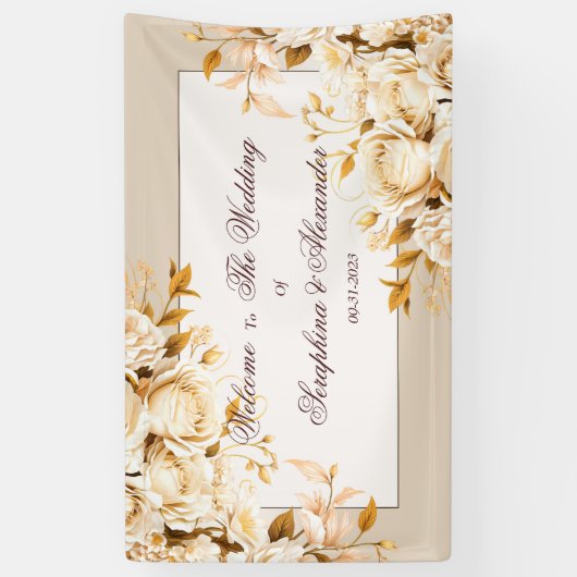 エレガント金ゴールドとアイボリーのフローラ結婚の歓迎 横断幕 (縦)