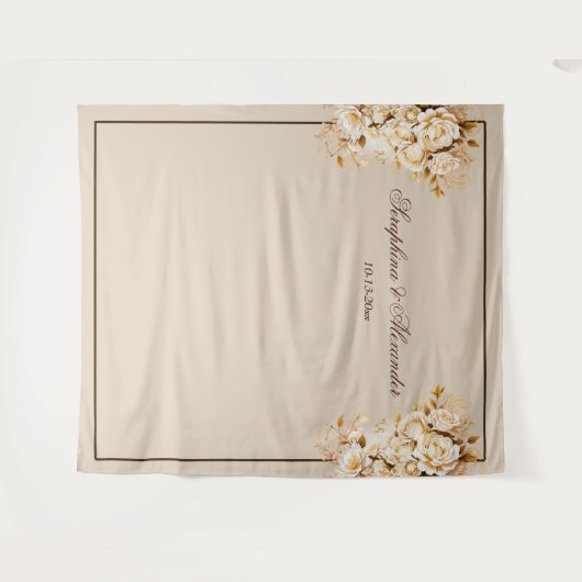 エレガント金ゴールドとアイボリーのフローラ結婚の背景 タペストリー (正面(横))