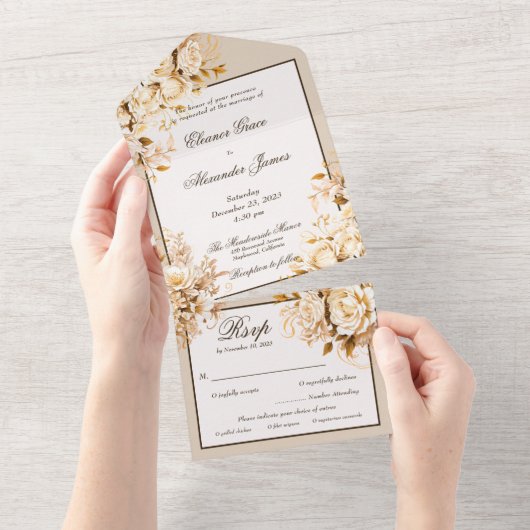 エレガント金ゴールドとアイボリーのフローラ結婚 オールインワン招待状 (貼ってはがせる)