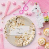 エレガント金ゴールドとアイボリーのフローラ結婚 ペーパープレート (パーティー)