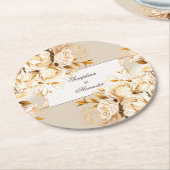 エレガント金ゴールドとアイボリーのフローラ結婚 ラウンドペーパーコースター (アングル)