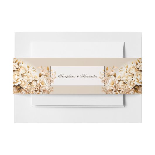 エレガント金ゴールドとアイボリーフローラの結婚文房具 招待状ベリーバンド (正面例)